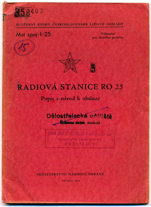 Titulní strana armádního předpisu k radiostanici RO 25 radiostanice spojení ČSLA