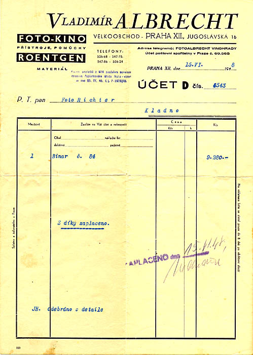 Půvabný účet který dokládá, že za dalekohled bylo "s díky zaplaceno" SOMET BINAR 25x100