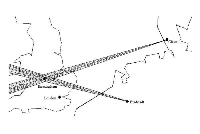 Schema směrování Knickebeinu při náletu na Birmingham